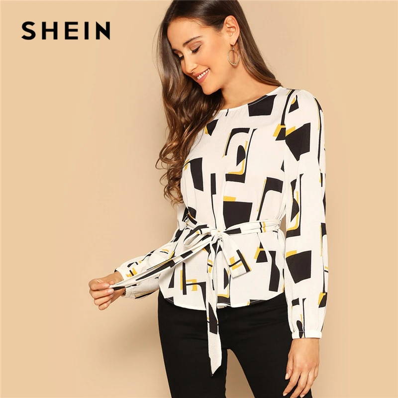 SHEIN Self Belted Geometric Print Boat Neck Long Sleeve Top Women 2019 Spring Black and White Office Ladies Tops and Blouses
SHEIN Self Belted Geometric Print Boat Neck Long Sleeve Top Women 2019 Spring Black and White Office Ladies Tops and Blouses