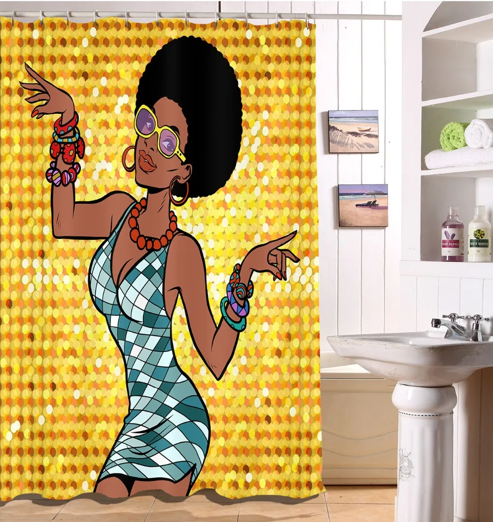 Afro Hair Girl Dance African Woman Gold Spots Custom Waterproof Shower Curtain Polyester Fabric Bathroom Decor Curtain Hooks Set
Afro Hair Girl Dance African Woman Gold Spots Custom Waterproof Shower Curtain Polyester Fabric Bathroom Decor Curtain Hooks Set
