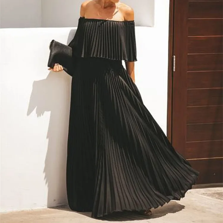 2019 Off Shoulder Ruffle Long Dresses Women Slash Neck Pleated A-Line Bohemian Dress Solid Holiday Beach Dress
2019 Off Shoulder Ruffle Long Dresses Women Slash Neck Pleated A-Line Bohemian Dress Solid Holiday Beach Dress