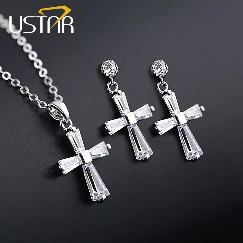USTAR Cross Pendant Necklace Drop Earrings Jewelry set for Women Silver color chain AAA Cubic Zircon Earrings female collars
USTAR Cross Pendant Necklace Drop Earrings Jewelry set for Women Silver color chain AAA Cubic Zircon Earrings female collars