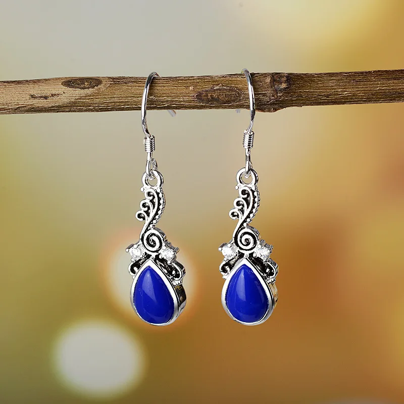 

Tisonliz Vintage Leave Korean Blue Stones Long Copper Drop Earrings for Women Brides Wedding Hanging Dangle Earrings Jewelry