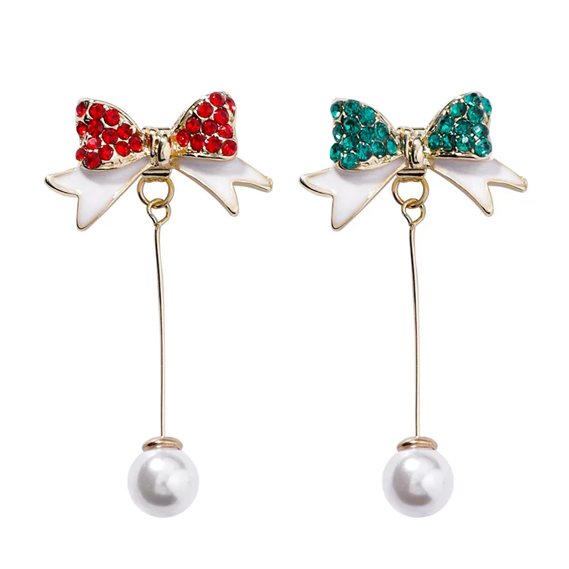 925 Silver Pin Christmas Inlaid Color Full Zircon Bow Pearl Dangle Earrings Long Tassels Back Hanging Drop Earring for Women | Украшения и