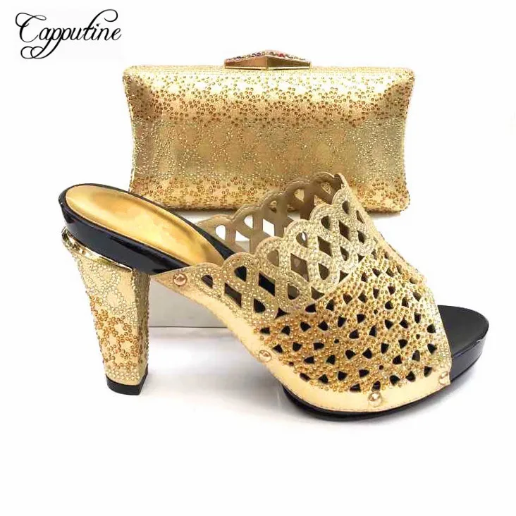 Most fashion gold high heel pump shoes and clutch bag sets with rhinestones AS803, heel height 10cm
Most fashion gold high heel pump shoes and clutch bag sets with rhinestones AS803, heel height 10cm