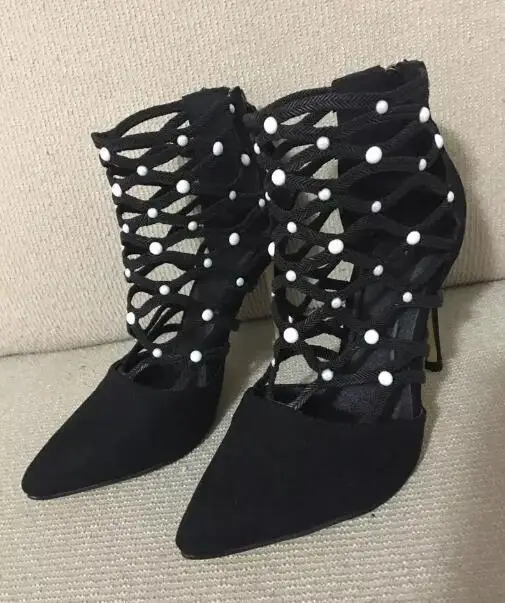 Black Suede Leather Ladies Pointed Toe Boots White Pearl Patchwork Cutout Style Straps Women Fashion High Heel Boots Zipper Back 
Black Suede Leather Ladies Pointed Toe Boots White Pearl Patchwork Cutout Style Straps Women Fashion High Heel Boots Zipper Back