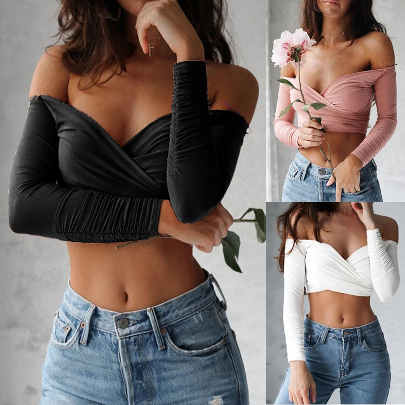 FUNOC New 2017 Summer Cotton T Shirt Women Fashion Tshirt Solid T-shirt Loose Casual Long Sleeve Shirt Off Shoulder Tees aeProduct.getSubject()
