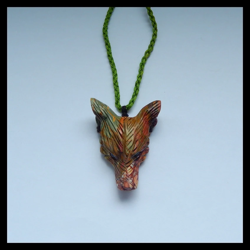 Natural Stone Multi-Color Picasso Jasper Carved Wolf Head Fashion Jewelry Pendant 49x36x14mm 22g
Natural Stone Multi-Color Picasso Jasper Carved Wolf Head Fashion Jewelry Pendant 49x36x14mm 22g