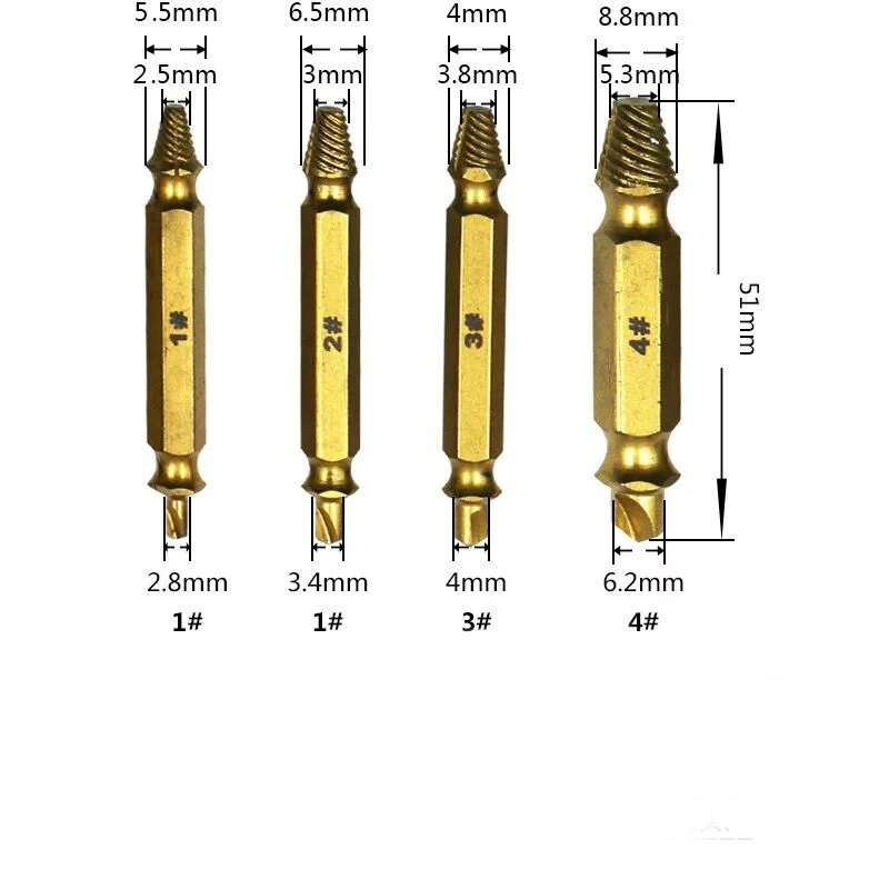 4pcs Titanium Damaged Screw Extractor Broken Bolt Stud Remover Drill Bit Kit for Quickly Extracting the Broken Screws
4pcs Titanium Damaged Screw Extractor Broken Bolt Stud Remover Drill Bit Kit for Quickly Extracting the Broken Screws