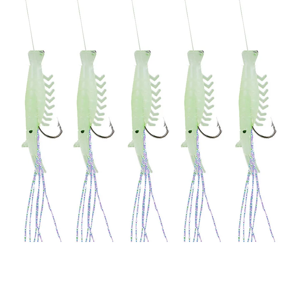 

Relefree 5Pcs Luminous Glow In The Dark Shrimp Sabiki Rig Fishing Lure Saltwater Fish Bait Catch Hook Tackel Size 10-15