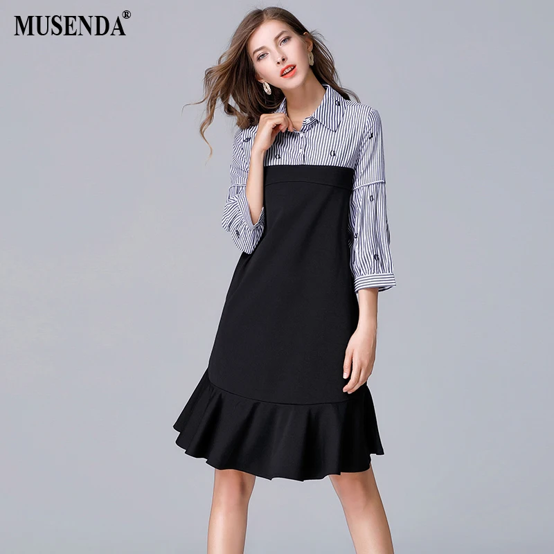 MUSENDA Plus Size Women Black Embroidery Striped Patchwork Ruffles Straight Dress Autumn Lady Casual Fashion Brief Dresses
MUSENDA Plus Size Women Black Embroidery Striped Patchwork Ruffles Straight Dress Autumn Lady Casual Fashion Brief Dresses