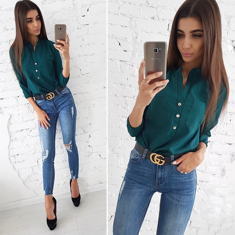 Women 2018 Casual Buttons Pockets Blouses Three Quarter V neck Solid Vintage Shirt Autumn New Fashion Women Tops And Blouse
Women 2018 Casual Buttons Pockets Blouses Three Quarter V neck Solid Vintage Shirt Autumn New Fashion Women Tops And Blouse