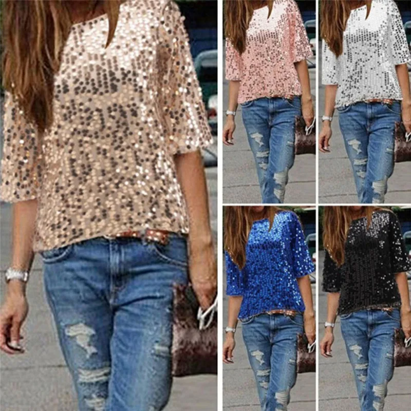 Fashion Women Ladies Sexy Off Shoulder Sequin Top T Shirts Party Streetwear Summer Casual Loose Tees Camiseta Mujer Blusas
Fashion Women Ladies Sexy Off Shoulder Sequin Top T Shirts Party Streetwear Summer Casual Loose Tees Camiseta Mujer Blusas