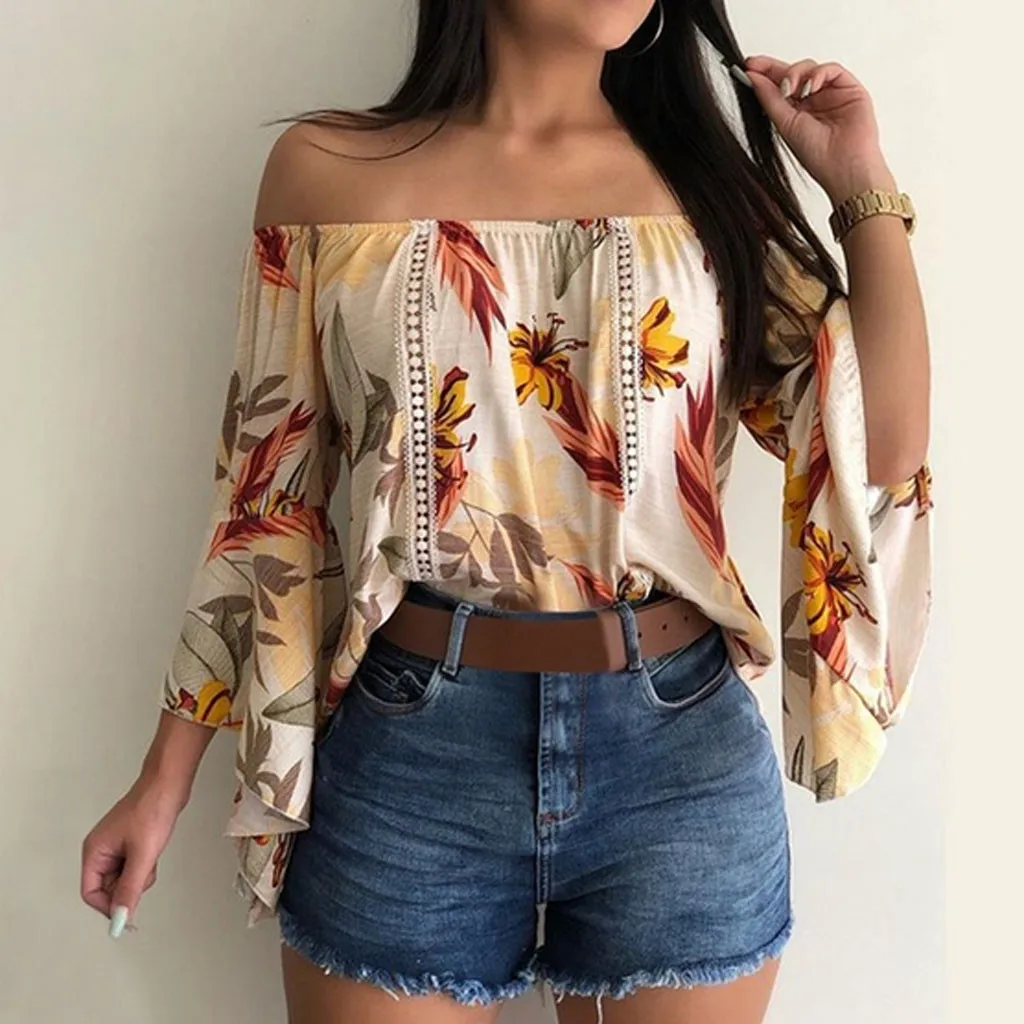 YOUYEDIAN Fashion Women's Off Shoulder Blouse Sexy Slash Neck Flare Sleeve Printed Tunic Shirt Summer haut femme In 2019
YOUYEDIAN Fashion Women's Off Shoulder Blouse Sexy Slash Neck Flare Sleeve Printed Tunic Shirt Summer haut femme In 2019