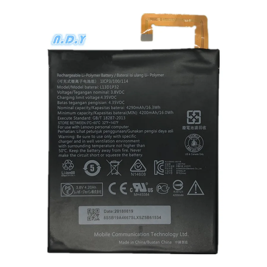 3.8V 4200mAh L13D1P32/L13T1P32 For Lenovo Lepad Tab A8-50 A5500 S8-50 TAB 3 Tab3 TB3-850F TB3-850M Battery
3.8V 4200mAh L13D1P32/L13T1P32 For Lenovo Lepad Tab A8-50 A5500 S8-50 TAB 3 Tab3 TB3-850F TB3-850M Battery