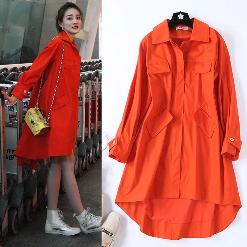 

2019 Spring New Windbreaker Xu Lu The Same Slimming Windbreaker Women Zippers Spliced Long Coat Jackets Woman Clothes