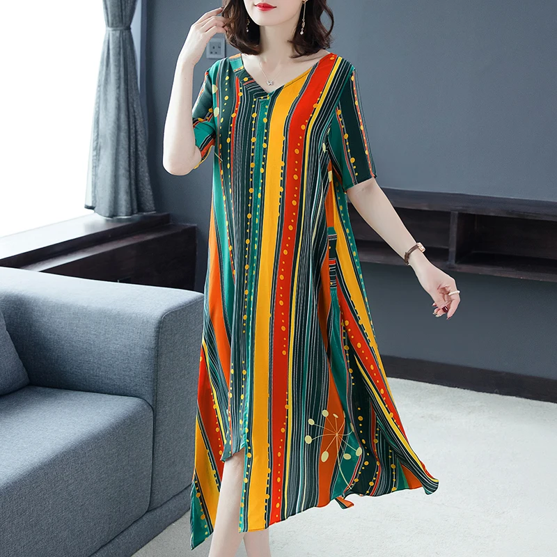 Stirped Flowing Silk Women Summer Plus Size Large Midi Robe Dresses High Quality 2019 Elegant Vintage Print Floral xxxl Clothing
Stirped Flowing Silk Women Summer Plus Size Large Midi Robe Dresses High Quality 2019 Elegant Vintage Print Floral xxxl Clothing