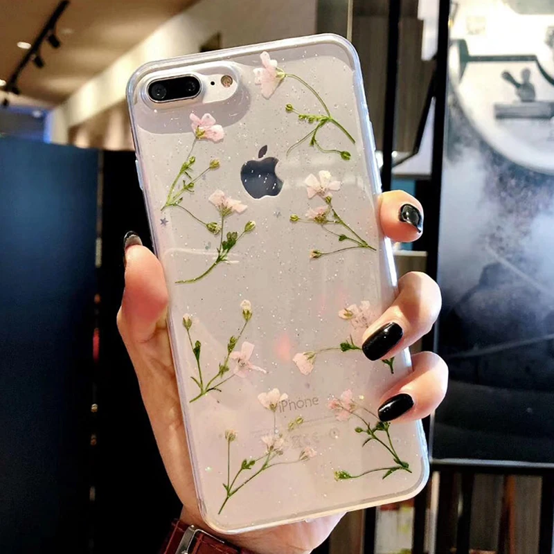 Прозрачные чехлы для телефонов iPhone X модные с настоящими сушеными цветами iphone 6 6S 7