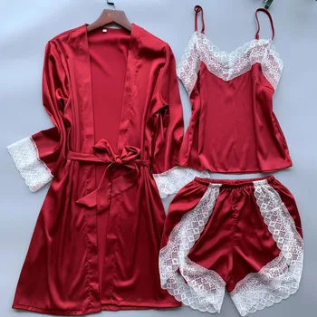 Spring Autumn Women Sexy Silk Satin Sleepwear Set Lace Pajama Set 3 Pieces Robe+Slip Top+short Pant Fashion Nightwear Homewear
Spring Autumn Women Sexy Silk Satin Sleepwear Set Lace Pajama Set 3 Pieces Robe+Slip Top+short Pant Fashion Nightwear Homewear
