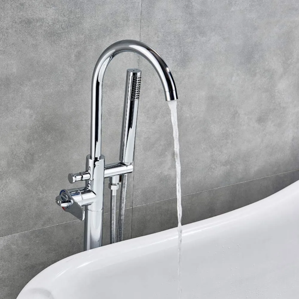 Bathroom Bathtub Tap Shower System Chrome Thermostatic Handle Dual Function Hand Shower and Filler Spout Floor Mounted002