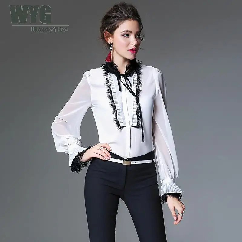 Ladies Yellow Blouses 2018 Spring Black Lace Stand Collar Pleated Flare Long Sleeve Frill Front Fashion Office Lady Shirts WYG
Ladies Yellow Blouses 2018 Spring Black Lace Stand Collar Pleated Flare Long Sleeve Frill Front Fashion Office Lady Shirts WYG