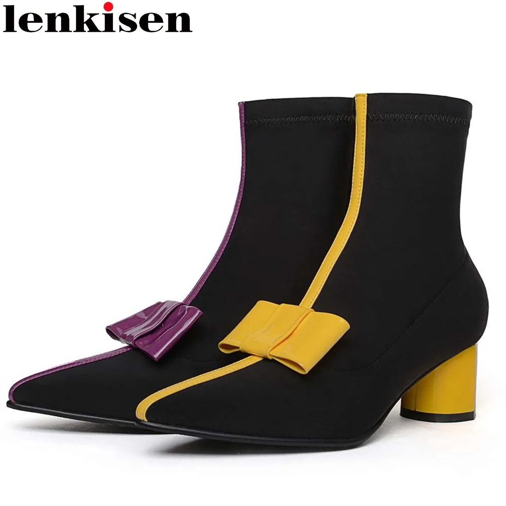 Elegant lady sweet butterfly-knot runway med strange heels pointed toe slip on mixed colors stretch fabric mid-calf boots L33
Elegant lady sweet butterfly-knot runway med strange heels pointed toe slip on mixed colors stretch fabric mid-calf boots L33