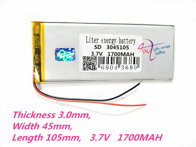 3045105 3.7V 1700mah Lithium polymer Battery with Protection Board For PDA Tablet PCS Digital Products 
3045105 3.7V 1700mah Lithium polymer Battery with Protection Board For PDA Tablet PCS Digital Products