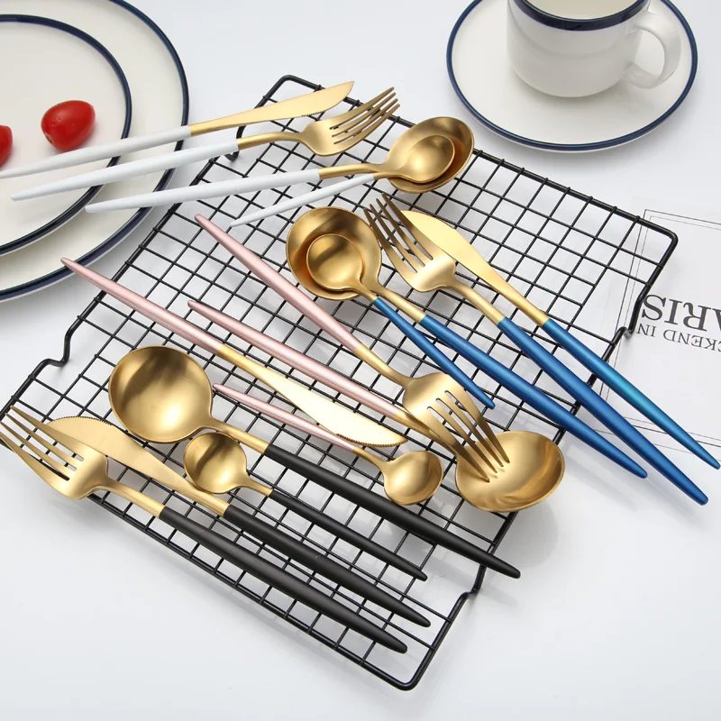 

KuBac Hommi 24pcs Gold Cutlery Set Black Dinnerware Forks Knives Scoops Set 18/10 Stainless Steel Silverware Set Drop Shipping