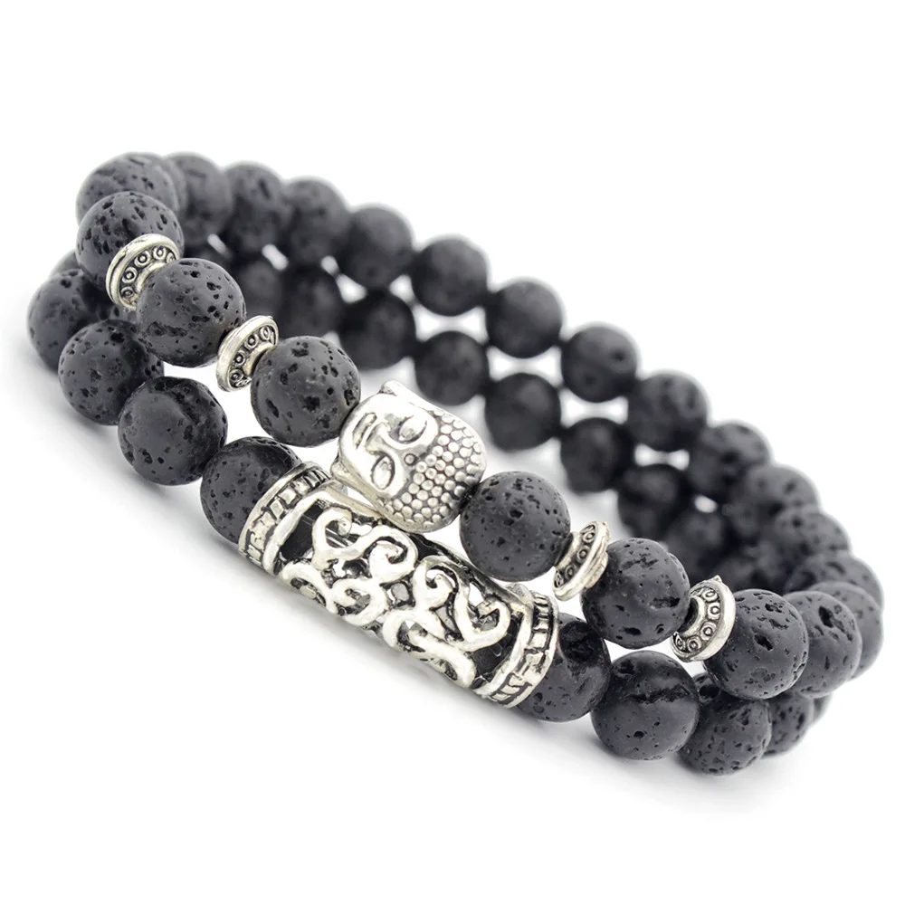 

2pcs/set Hot Natural Black Lava Volcanic Stone Prayer Beads Buddha Men Bracelet Matte Beaded Energy Bracelets for Women Pulseras