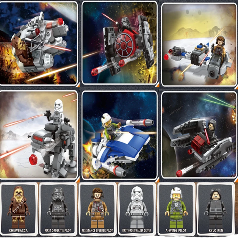 6Pcs/Set Star Wars Spaceship Microfighters Millennium AT-ST Fighters Team Building Blocks Bricks Toys Compatible with Legoing
6Pcs/Set Star Wars Spaceship Microfighters Millennium AT-ST Fighters Team Building Blocks Bricks Toys Compatible with Legoing