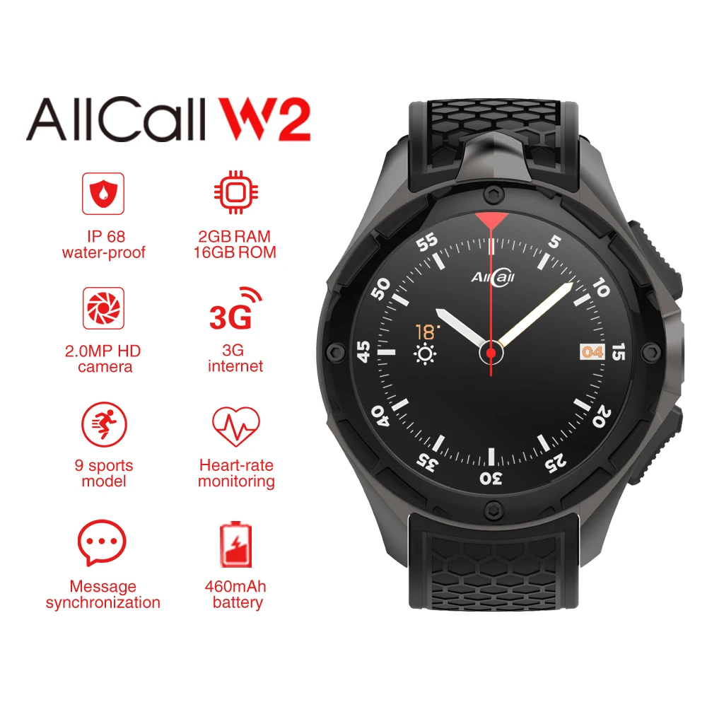 

ALLCALL W2 Smartwatch Phone Android 7.0 IP68 waterproof Smart watch MTK6580 Quad Core 1.3GHz GPS Bluetooth clock with pedometer