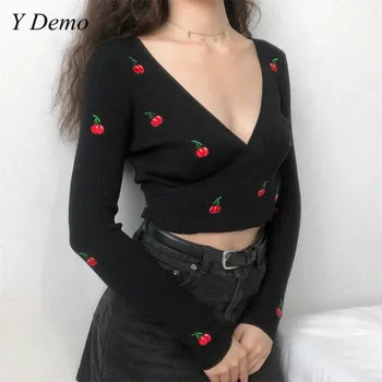 Vintage Crossing V Neck Sexy Cherry Embroidery Long Sleeve Knitting Women Short Sweater
Vintage Crossing V Neck Sexy Cherry Embroidery Long Sleeve Knitting Women Short Sweater