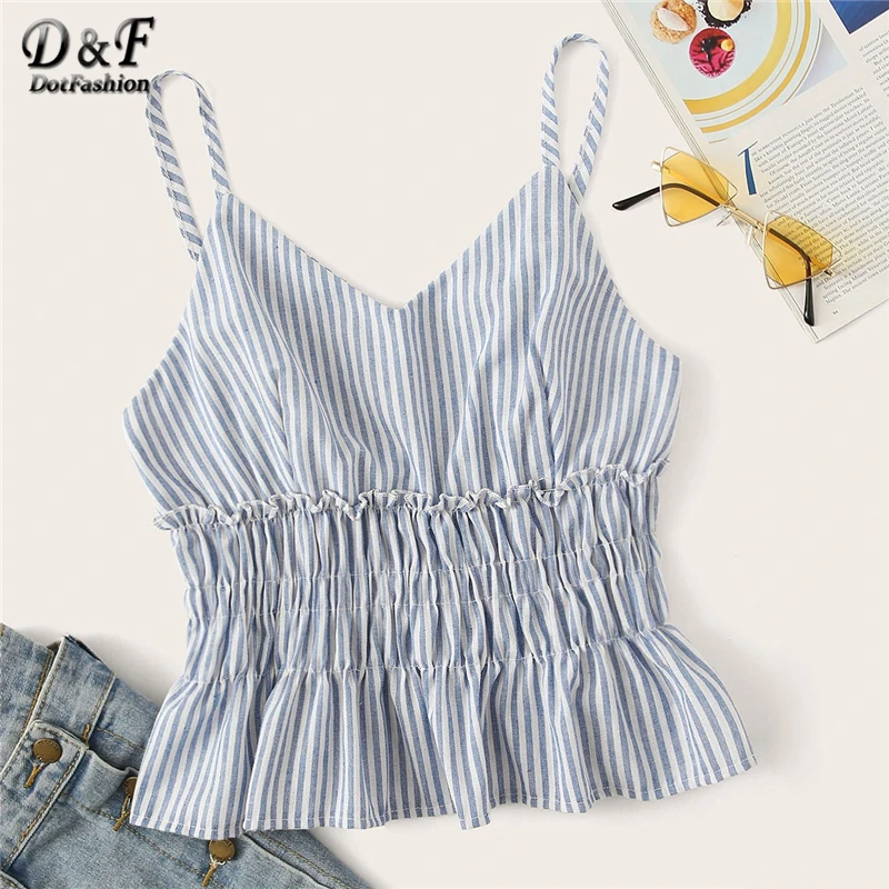 

Dotfashion Blue Striped Shirred Ruffle Hem Cami Top For Women 2019 Summer Crop Top Boho Camisole Female Spaghetti Strap Vest