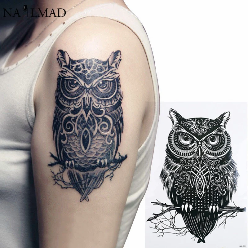 Image 1 sheet Owl Temporary Tattoo Black Waterproof Tattoo Stick Paste Transfer Tattoo Decals Body Art  Henna Tattoo Sticker HB301