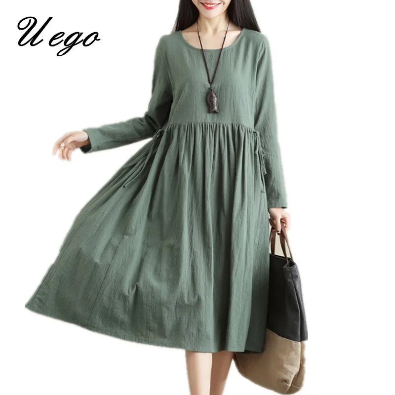 Uego 2019 New Fashion Cotton Linen Spring Dress Solid Color Long Sleeve Ladies Spring Casual Dress Plus Size Loose Midi Dress 
Uego 2019 New Fashion Cotton Linen Spring Dress Solid Color Long Sleeve Ladies Spring Casual Dress Plus Size Loose Midi Dress