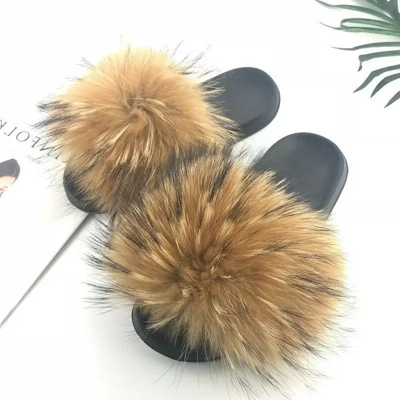 Real Cute Raccoon Fur Slides for Women 
