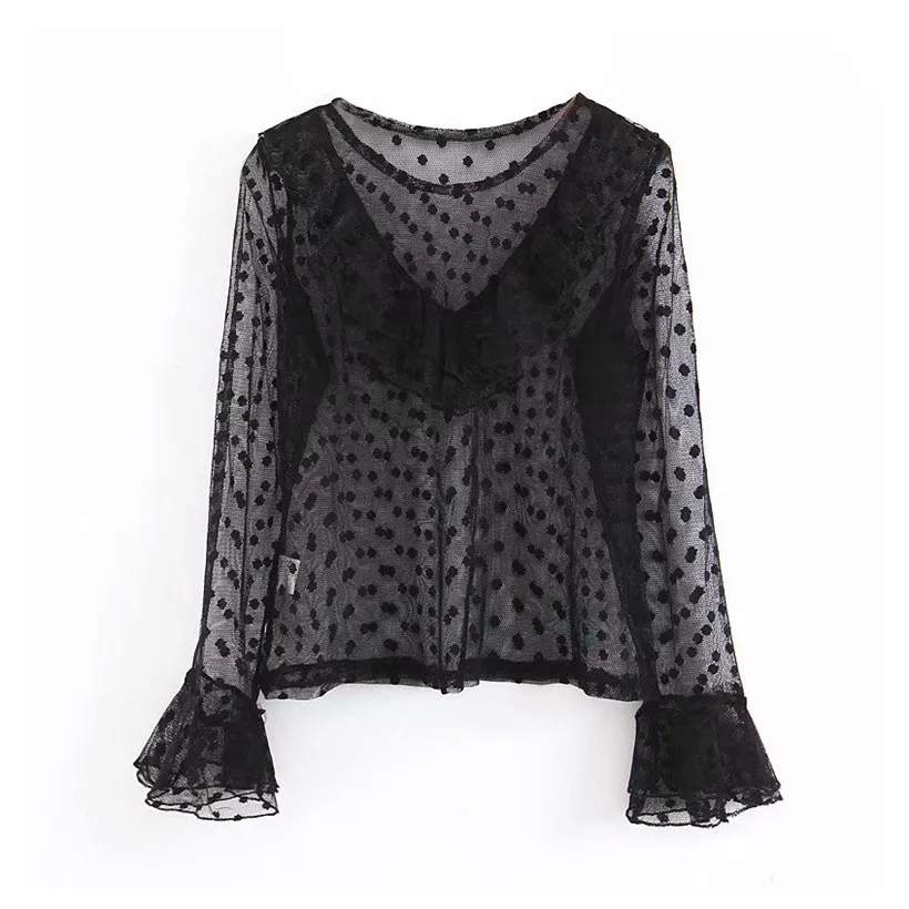 Women stylish solid black mesh blouse flare sleeve ruffles decorate transparent O neck female chic fashion tops
Women stylish solid black mesh blouse flare sleeve ruffles decorate transparent O neck female chic fashion tops