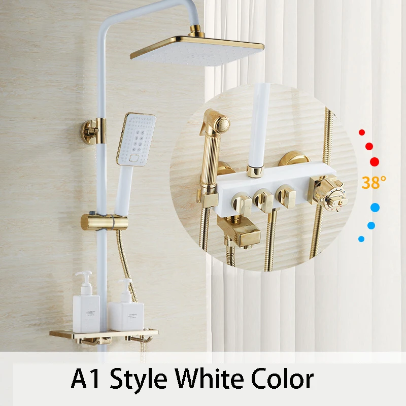 Bathroom Luxury black White Golden shower set with bidet with shelf gold shower set bathroom Thermostatic shower set
Bathroom Luxury black White Golden shower set with bidet with shelf gold shower set bathroom Thermostatic shower set