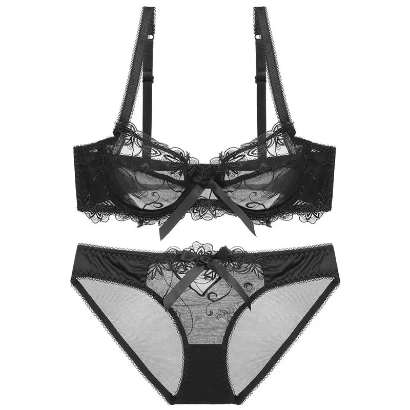 embroidery bras underwear women set plus size lingerie sexy C D cup Ultrathin transparent bra panties lace bra set black (9)