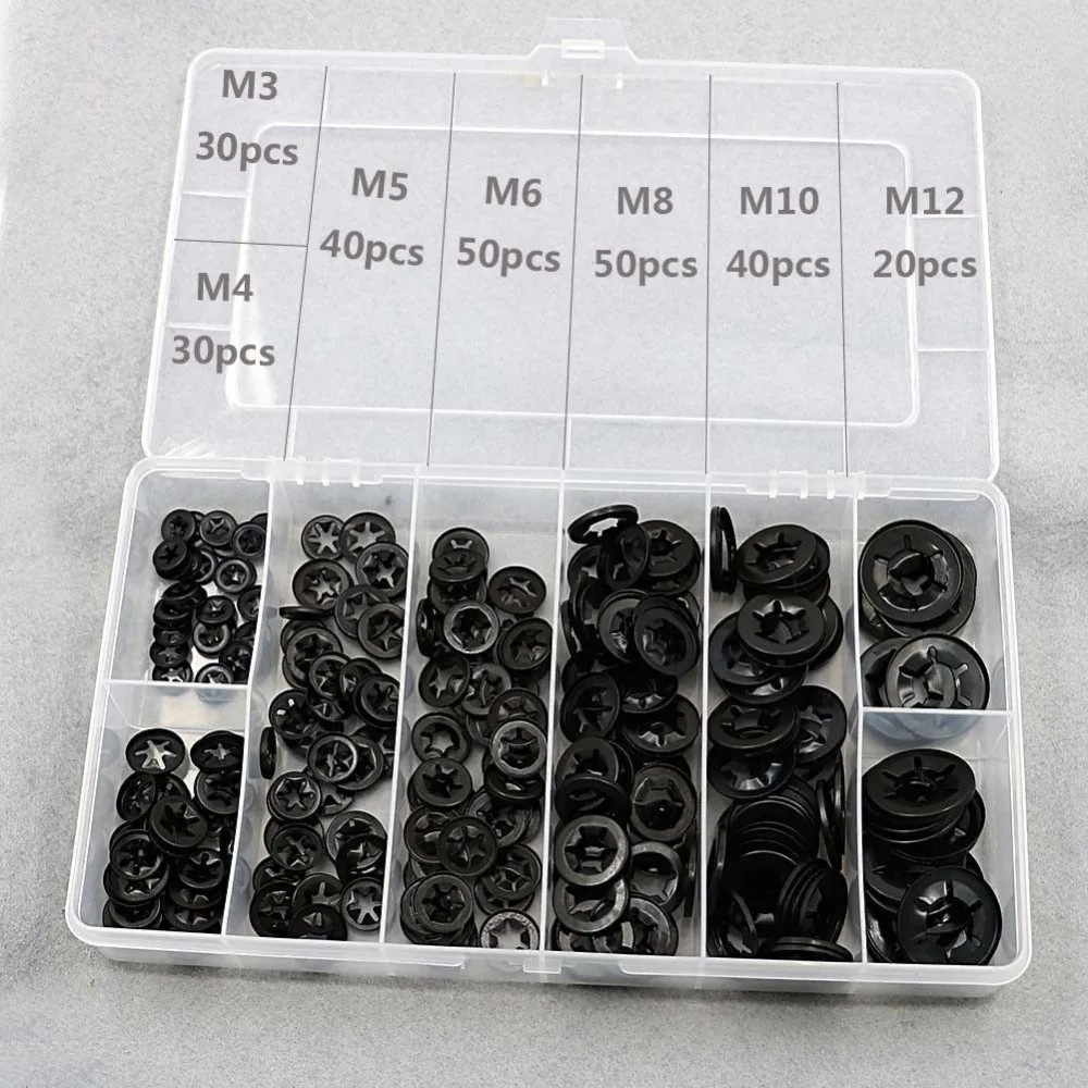 Stock 260PCS 7 Sizes Quicklock Starlock Push Nut Star Lock Washer Assortment Quenching Speed Flat Shaft Fastener Hardware Gasket
Stock 260PCS 7 Sizes Quicklock Starlock Push Nut Star Lock Washer Assortment Quenching Speed Flat Shaft Fastener Hardware Gasket