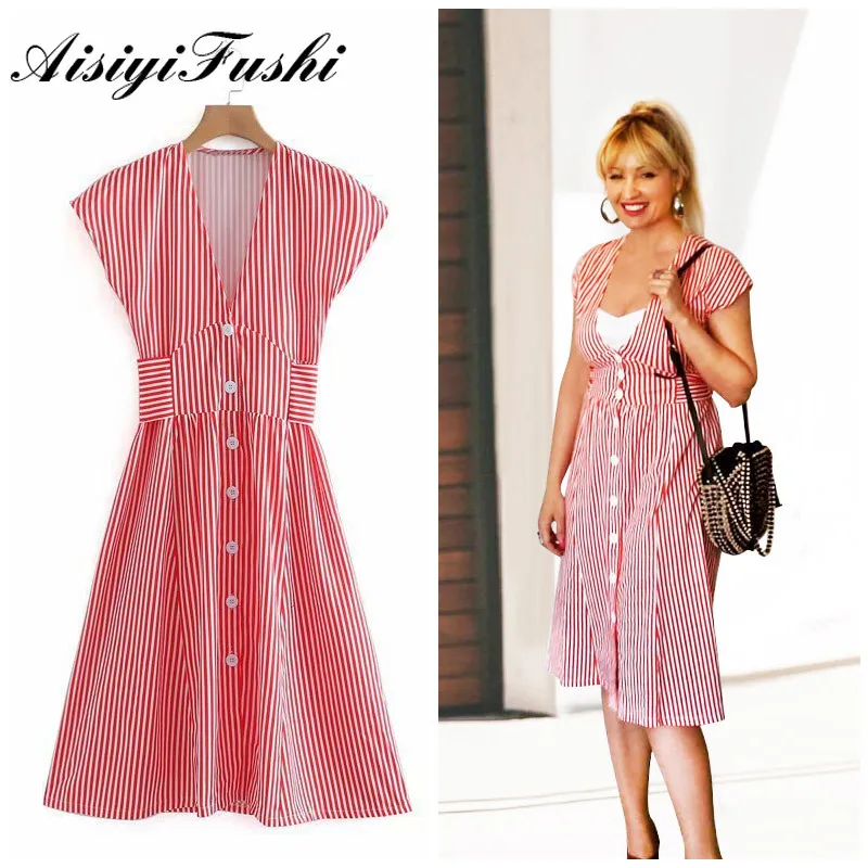AISIYIFUSHI New Summer Red Striped Midi Dress Women Pop Sexy Slim Short Sleeve V-neck Dress Elegant Party Leisure Ladies Dress
AISIYIFUSHI New Summer Red Striped Midi Dress Women Pop Sexy Slim Short Sleeve V-neck Dress Elegant Party Leisure Ladies Dress