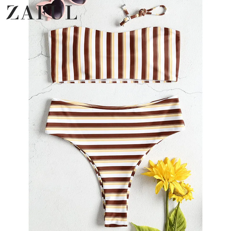 

ZAFUL Sport White Striped Frill Lettuce Trim Knot Top With High Cut Bottoms Bikinis Set Women Summer Plunge Neck Swimsuit