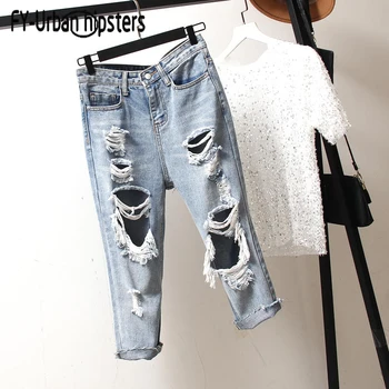 2019 Summer fashion Big Hole Jeans Calf-Length Pants for Women Ripped Jeans Light Blue Denim Pants Boyfriend Jeans Korean
2019 Summer fashion Big Hole Jeans Calf-Length Pants for Women Ripped Jeans Light Blue Denim Pants Boyfriend Jeans Korean