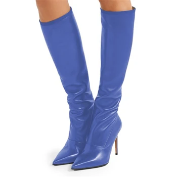 

2018 Blue Patent Leather Stilettos Boots Sexy Pointy Toe Back Zipper Knee High Boots Casual High Heels Shoes Women Botas Mujer