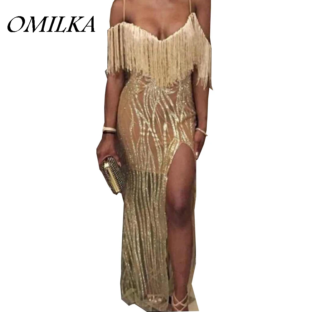 OMILKA 2017 Autumn Women Strap V Neck High Split Tassel Sequin Dress Sexy Gold Backless Night Club Party Bodycon Long Maix Dress
OMILKA 2017 Autumn Women Strap V Neck High Split Tassel Sequin Dress Sexy Gold Backless Night Club Party Bodycon Long Maix Dress