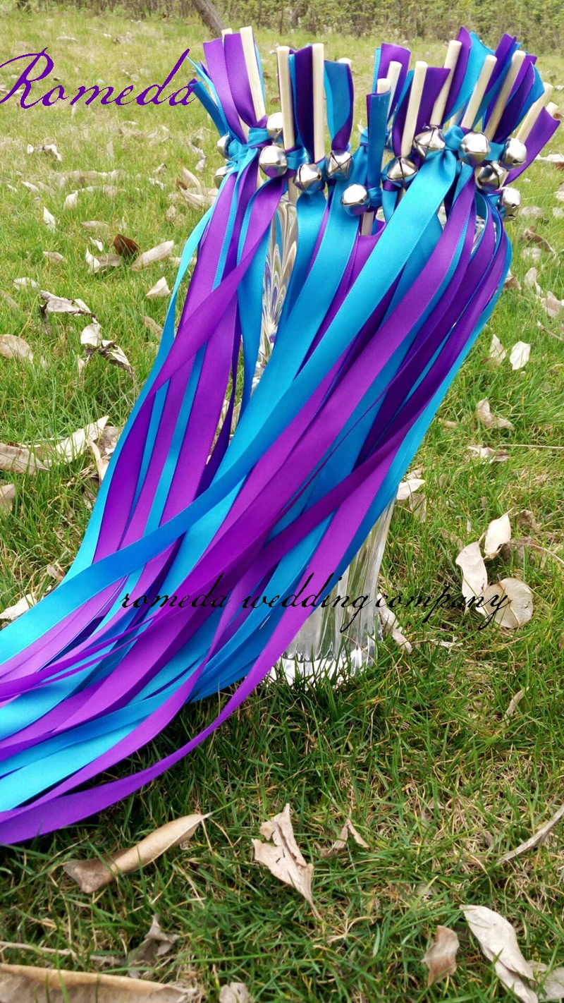 Фото FREE SHIPPING--(50Pieces/Lot) Style L blue + purple stain ribbon with Sliver bell Wedding Ribbon Wands for Party | Дом и сад