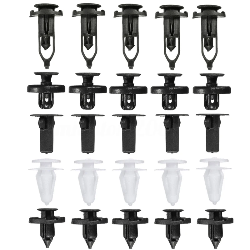 25pcs Plastic Car Push Rivet Trim Bump Panel Lock Nut Fastener Clip Set For Toyota Avensis Black + White Rivets Clips