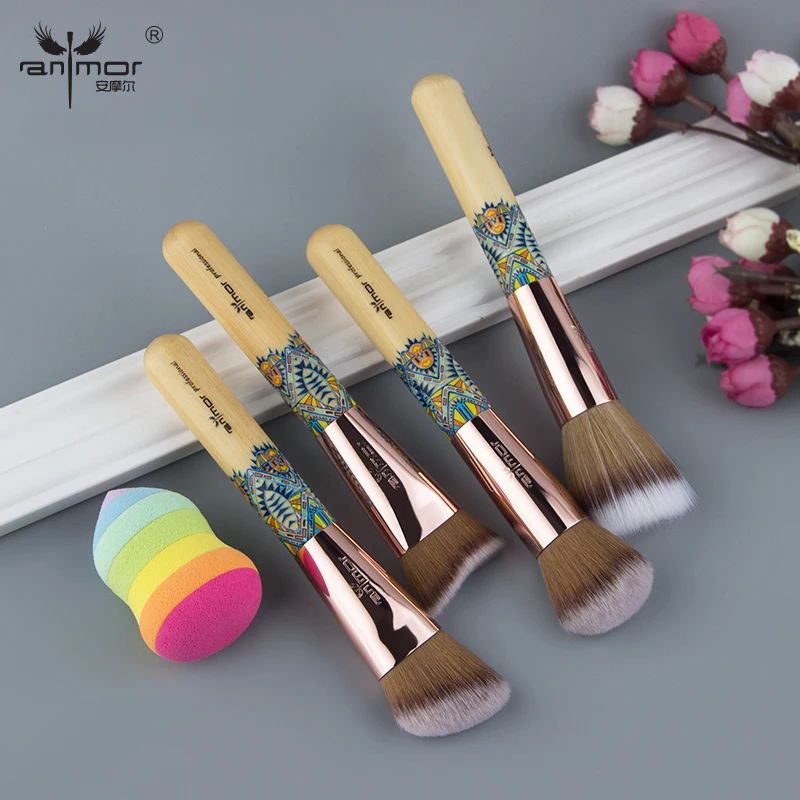 

Anmor 4PCS Colored Handle Mini Size Makeup Brush Unique Professional Make Up Brushes Tools Kabuki Duo Fiber Brushes With Sponge