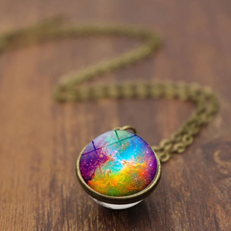 Qevila Hot Fashion Neckalces Cosmic space double-sided glass ball time gemstone Pendant Necklace galaxy nebula for women Jewelry (4)