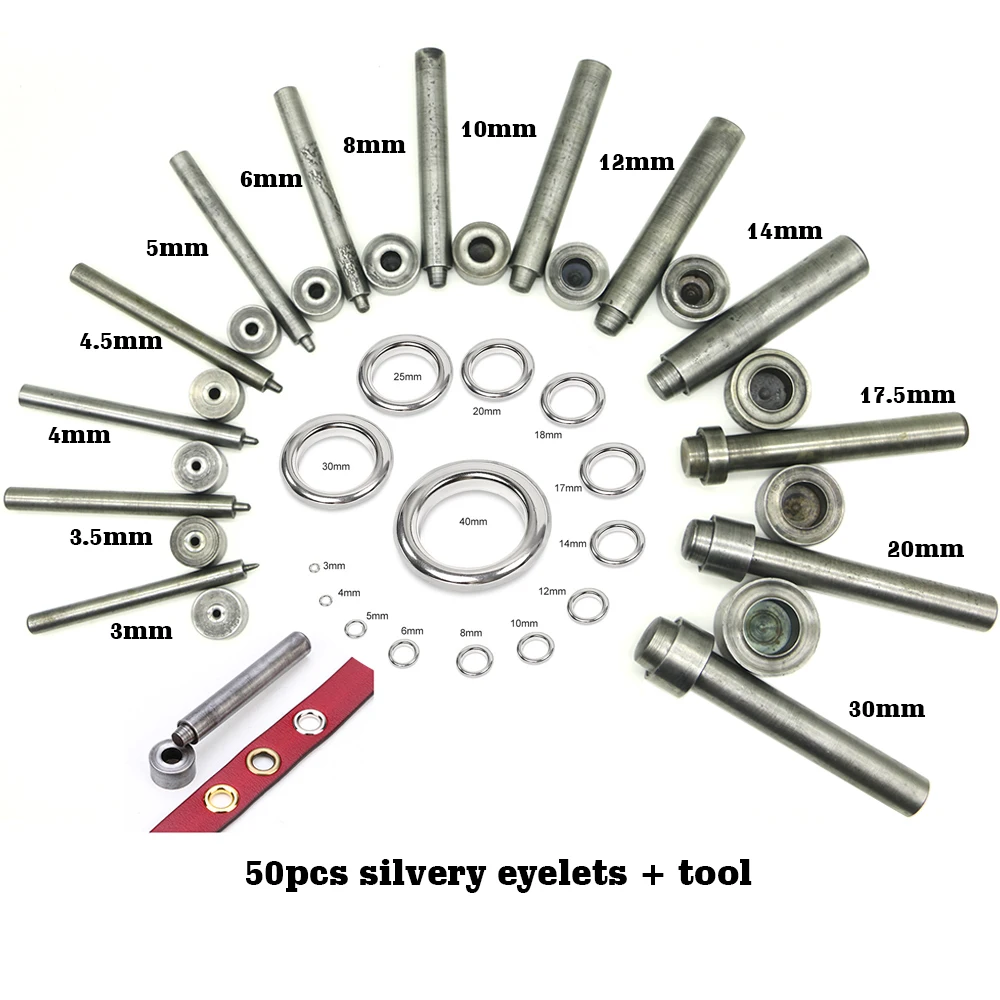 50 set silver eyelet and Brass Eyelet Punch Die Tool Set for Leather Craft Clothing Jeans, Apparel, Bags, 30mm
50 set silver eyelet and Brass Eyelet Punch Die Tool Set for Leather Craft Clothing Jeans, Apparel, Bags, 30mm