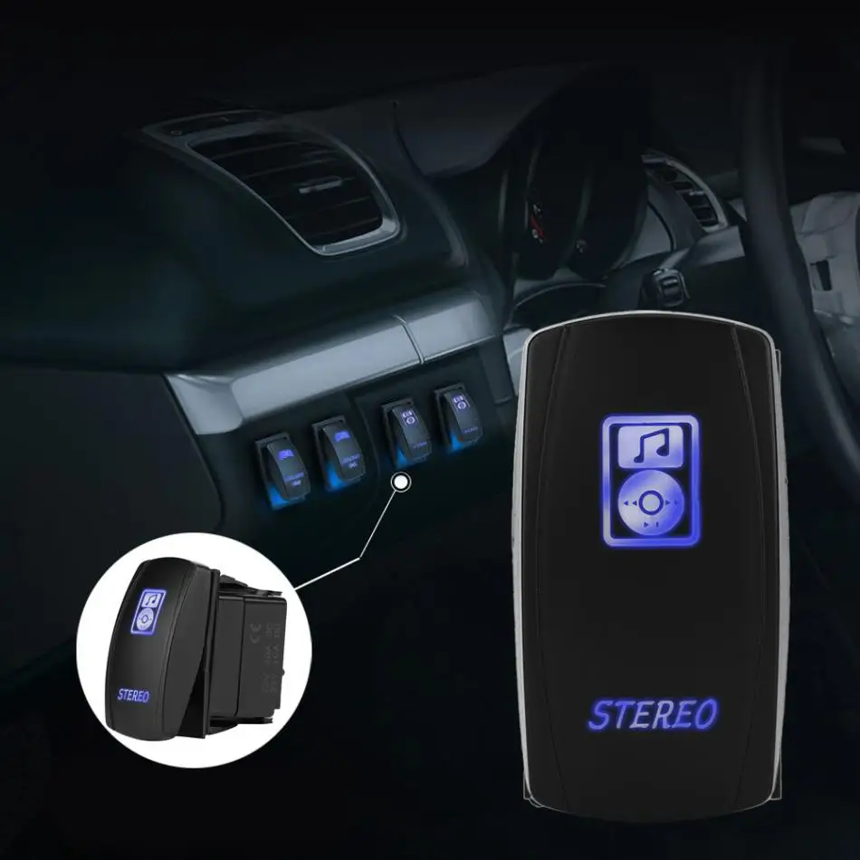 DC12V//24V ON-OFF Rocker Toggle Switch Blue LED Light withStereo Symbol for Car Boat Marine LED Rocker Switch