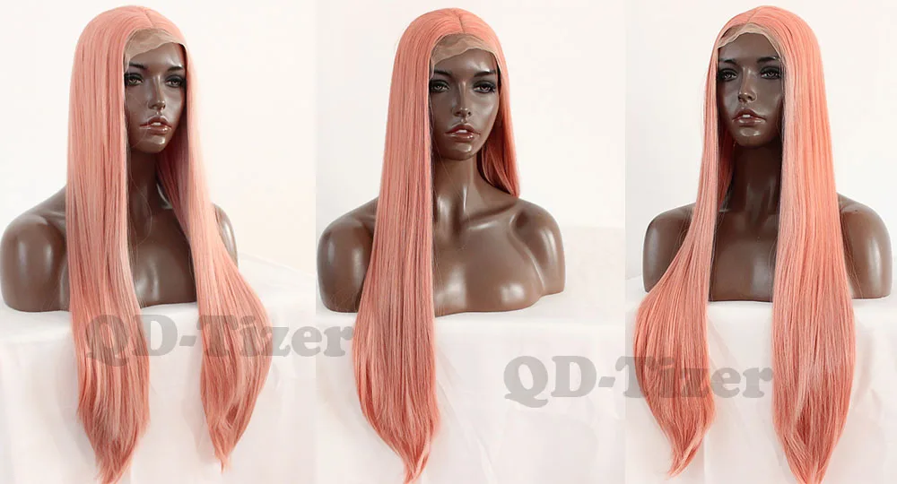 qd-tizer Peach Pink Hair Wig Pink Cosplay Synthetic Lace Front Wigs Straight Body Wavy Lace Front Wigs for Black Women 6